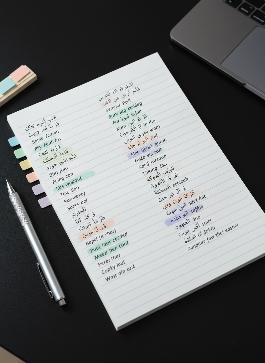 A close-up of a high-quality white notebook page, ruled with faint grey lines, showcasing neatly organized Arabic vocabulary lists written in black ink, with key terms highlighted in muted pastel colors. Each word is paired with its English translation and small diacritic marks are clearly visible. The notebook lies on a matte black desk alongside a silver mechanical pencil, colored page tabs, and a discreet, slim laptop partially visible at the edge of the frame. Cool, diffused daylight from the side creates soft, even lighting with minimal shadows. Captured at eye level with sharp focus across the page, the composition feels orderly and professional. The photographic style is clean and modern, conveying precision, structure, and disciplined language study.