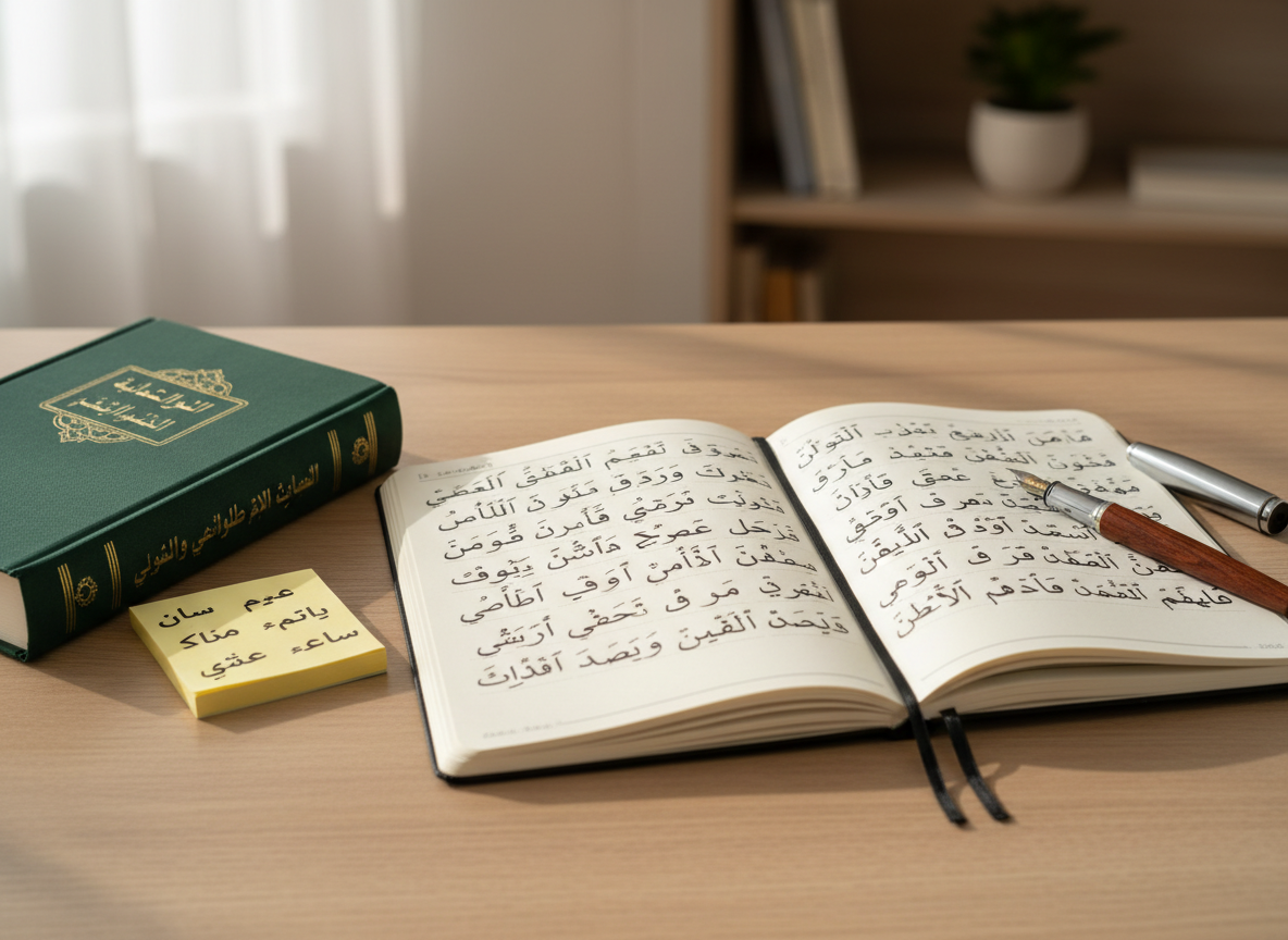 A neatly arranged Arabic study desk featuring an open, cream-colored notebook filled with carefully handwritten Arabic letters in dark ink, each character clear and legible. The notebook rests on a light oak wooden surface beside a classic fountain pen, an Arabic dictionary with a deep green cloth cover, and a small stack of sticky notes labeled with vocabulary in Arabic. Soft morning daylight from an unseen window washes across the scene, creating gentle shadows and subtle highlights on the ink strokes. Photographed from a slightly elevated angle with a shallow depth of field, the background fades into a soft blur of neutral tones. The mood is calm, professional, and focused, with a clean, photographic realism that suits a serious Arabic learning blog.