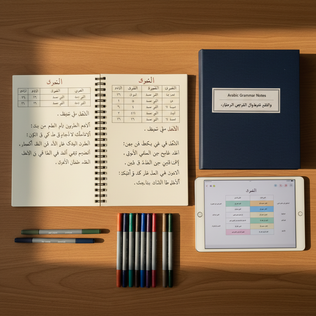 A polished wooden table displaying an open Arabic grammar reference notebook, its pages filled with neatly drawn tables explaining verb patterns and example sentences in Arabic script. Beside it, a set of fine-tip markers in subdued academic colors, a closed binder labeled “Arabic Grammar Notes” in both Arabic and English, and a slim tablet showing a minimalist grammar chart rest in an organized layout. Warm, indirect afternoon light streams in from the left, casting soft, elongated shadows and adding a gentle golden tone to the wood. Shot from a top-down, bird’s-eye view with crisp focus throughout, the image emphasizes clarity and structure. The overall atmosphere is studious and professional, in a realistic photographic style suitable for a serious grammar-focused article.